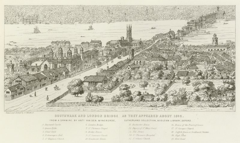 Southwark ja London Bridge, sellaisina kuin ne ilmestyivät noin 1546 tekijältä Nathaniel Whittock