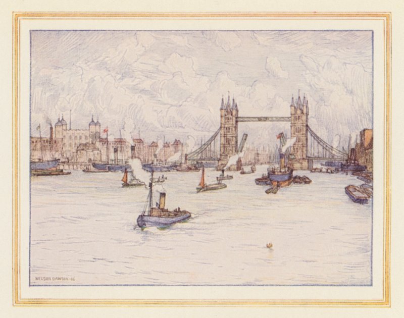 Torni ja Tower Bridge (värilitografia) tekijältä Nelson Dawson