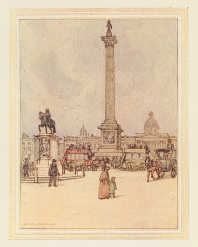 Trafalgar Square (värilitografia) tekijältä Nelson Dawson