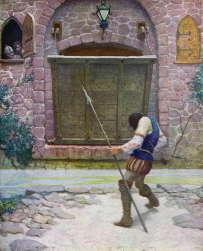 Kuvitus Robert Louis Stevensonin mustalle nuolelle tekijältä Newell Convers Wyeth