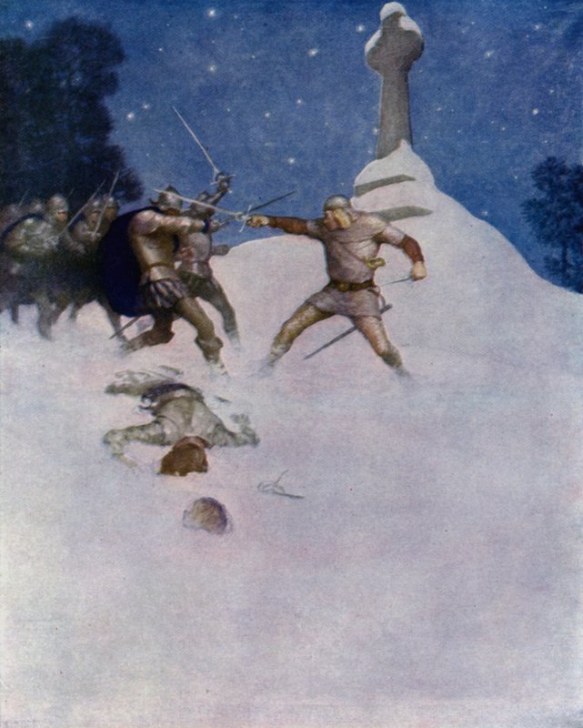 Kuvitus Robert Louis Stevensonin mustalle nuolelle tekijältä Newell Convers Wyeth