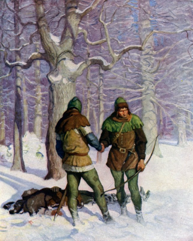 Kuvitus Robert Louis Stevensonin mustalle nuolelle tekijältä Newell Convers Wyeth