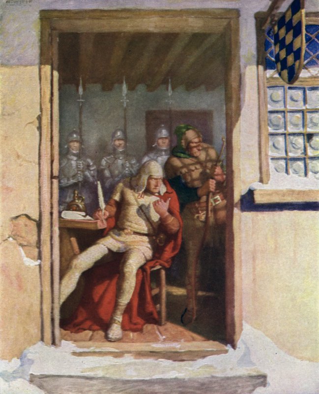 Kuvitus Robert Louis Stevensonin mustalle nuolelle tekijältä Newell Convers Wyeth