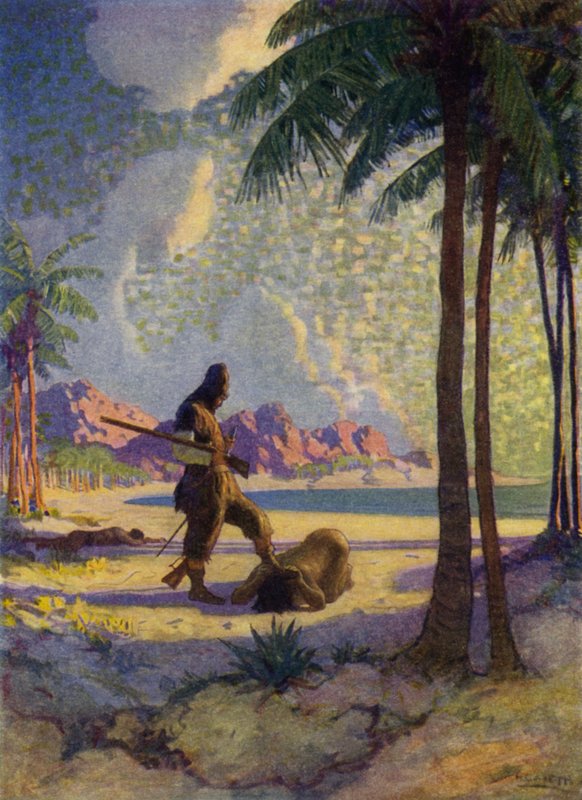 Kuvitus Robinson Crusoelle (väri litho) tekijältä Newell Convers (after) Wyeth