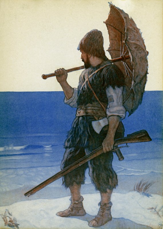 Kuvitus Robinson Crusoelle (väri litho) tekijältä Newell Convers (after) Wyeth
