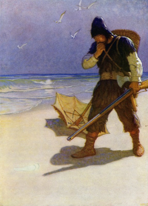 Kuvitus Robinson Crusoelle (väri litho) tekijältä Newell Convers (after) Wyeth
