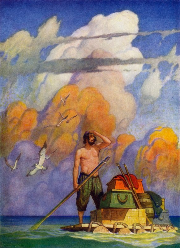 Kuvitus Robinson Crusoelle (väri litho) tekijältä Newell Convers (after) Wyeth