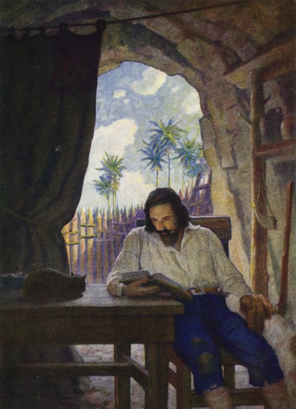 Kuvitus Robinson Crusoelle (väri litho) tekijältä Newell Convers (after) Wyeth