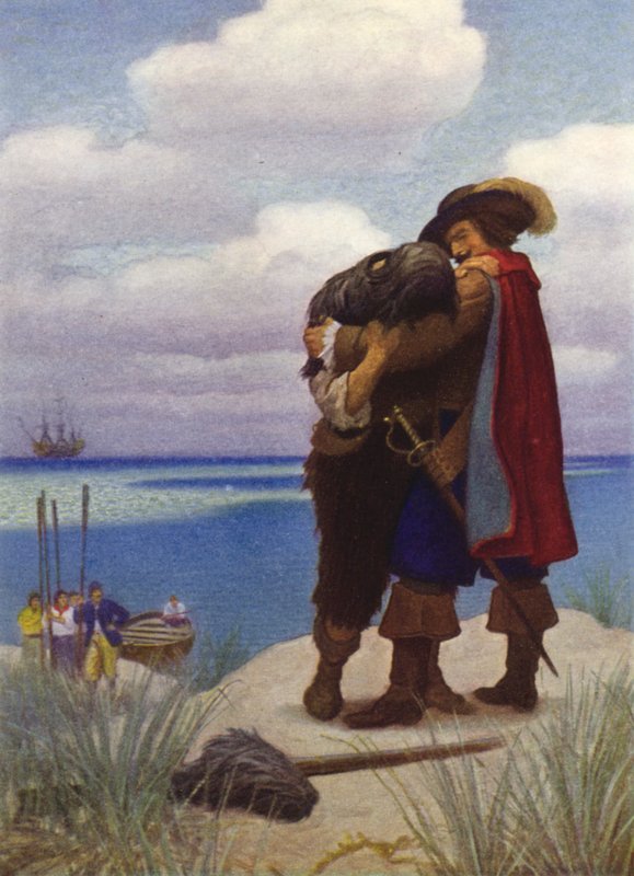 Kuvitus Robinson Crusoelle (väri litho) tekijältä Newell Convers (after) Wyeth