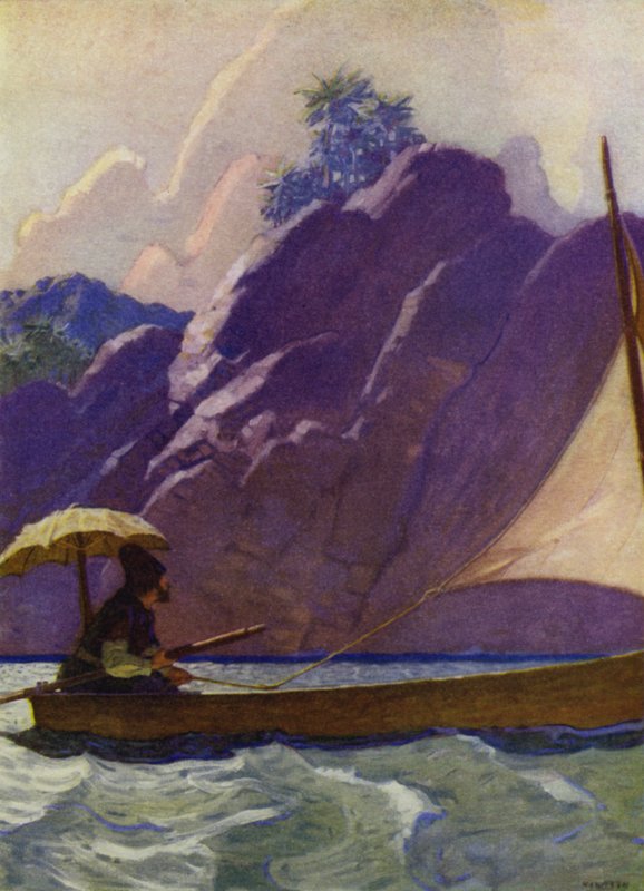 Kuvitus Robinson Crusoelle (väri litho) tekijältä Newell Convers (after) Wyeth