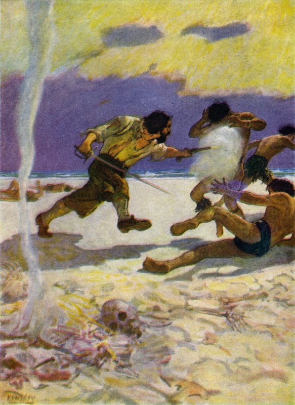 Kuvitus Robinson Crusoelle (väri litho) tekijältä Newell Convers (after) Wyeth