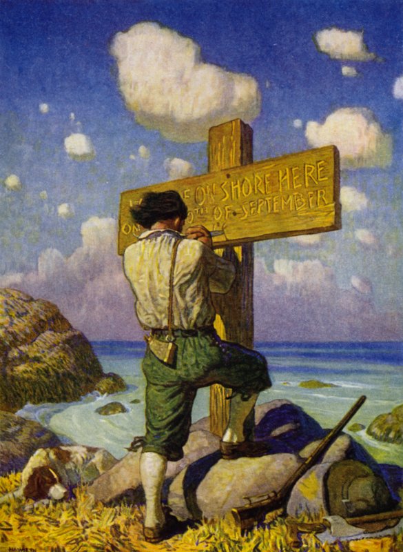 Kuvitus Robinson Crusoelle (väri litho) tekijältä Newell Convers (after) Wyeth
