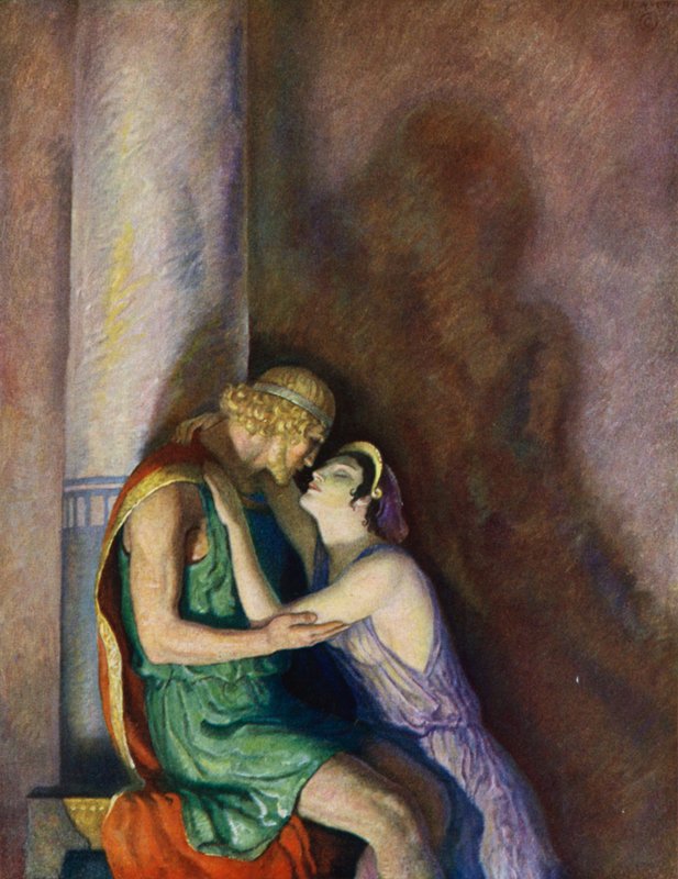 Odysseia: Odysseus ja Penelope jälleen yhdessä (värilitografia). tekijältä Newell Convers (after) Wyeth