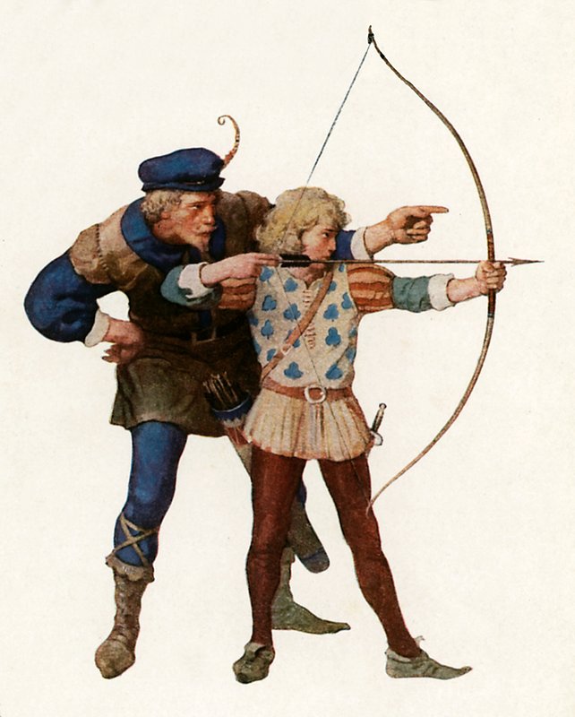 Robin Hood kouluttaa nuorta jousimiestä tekijältä Newell Convers Wyeth