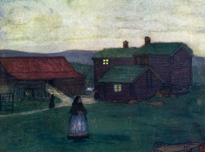Norja: pylväistä rakennetut maalaistalot (väri litho) tekijältä Nico Jungman