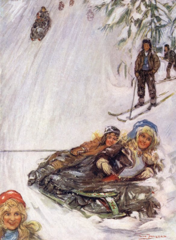 Norja: Girls on Overturned Sledge, Holmencollen (väri litho) tekijältä Nico Jungman