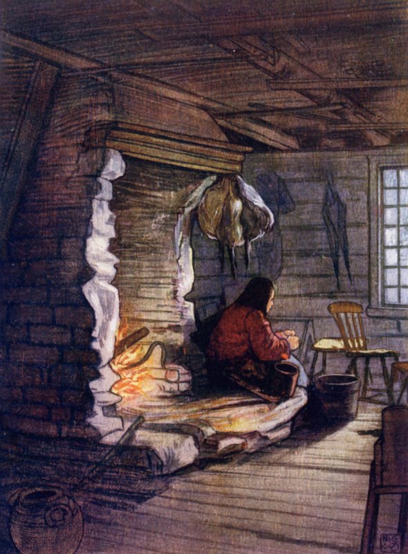 Norja: Illallisen valmistus, mökin sisustus Saelbossa (värilitho) tekijältä Nico Jungman