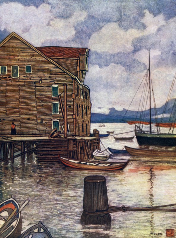 Norja: Old Warehouse and Boats, Molde (väri litho) tekijältä Nico Jungman