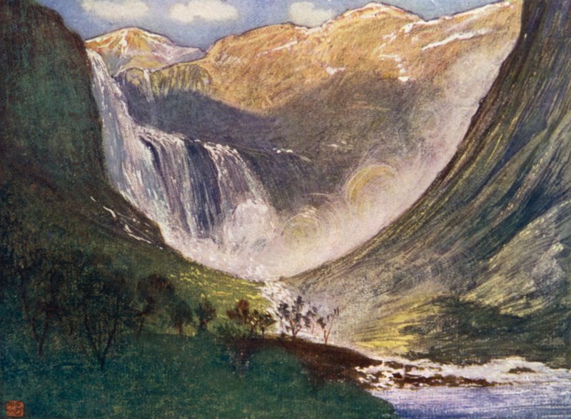 Norja: Skjaeggedalsfos, Hardanger (väri litho) tekijältä Nico Jungman