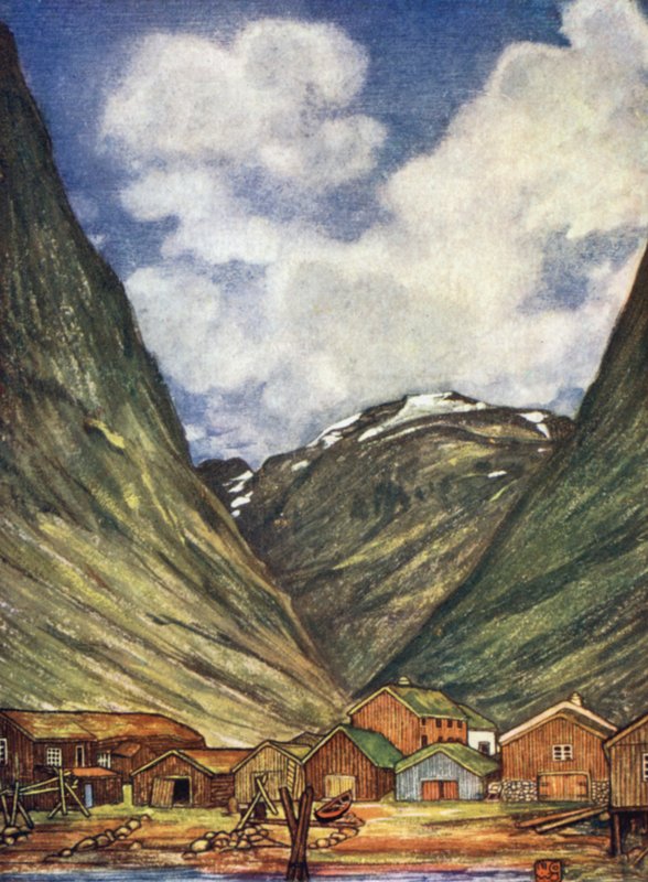 Norja: Lumihuippuinen vuori Sundalsorenissa (väri litho) tekijältä Nico Jungman
