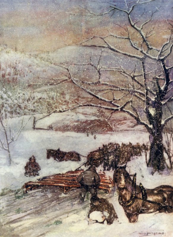 Norja: Kahdeksan tai kymmenen hevosen piirtämä lumiaura (väri litho) tekijältä Nico Jungman