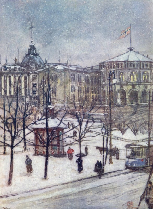 Norja: Parlamenttitalo (Storthing), Christiania (värilitho) tekijältä Nico Jungman