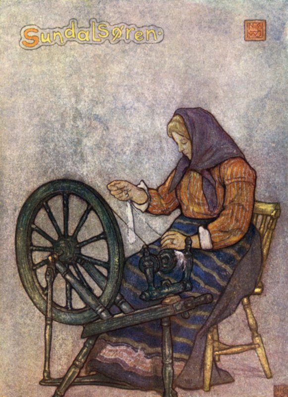 Norja: Woman Spinning, Sundalsoren (väri litho) tekijältä Nico Jungman