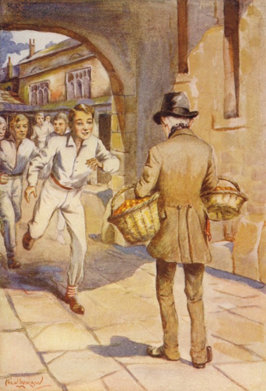 Pienet pojat ryntäsivät pienen kalpeanaamaisen miehen kimppuun (väri litho) tekijältä Nicol Laidlaw