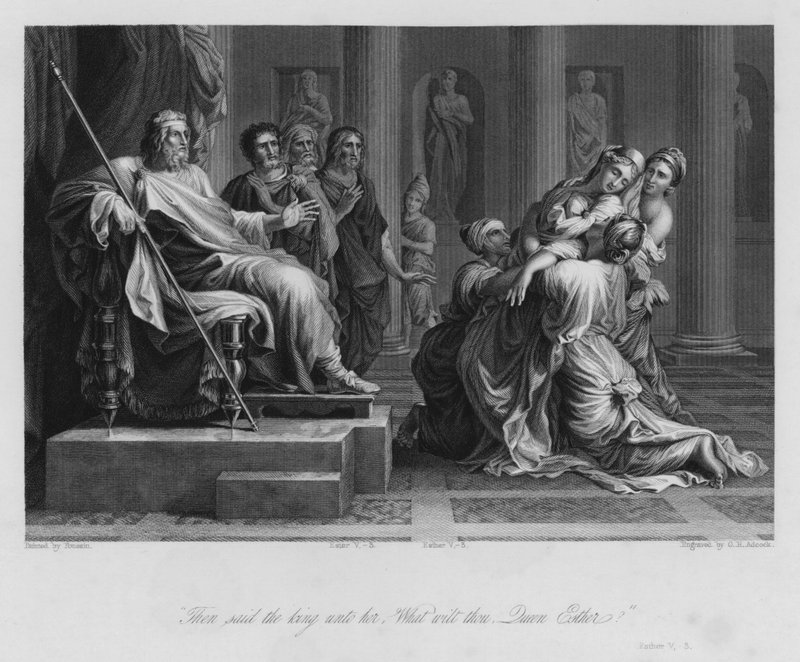 Ester ennen Ahasverusta, Ester V, 3 (kaiverrus) tekijältä Nicolas (after) Poussin