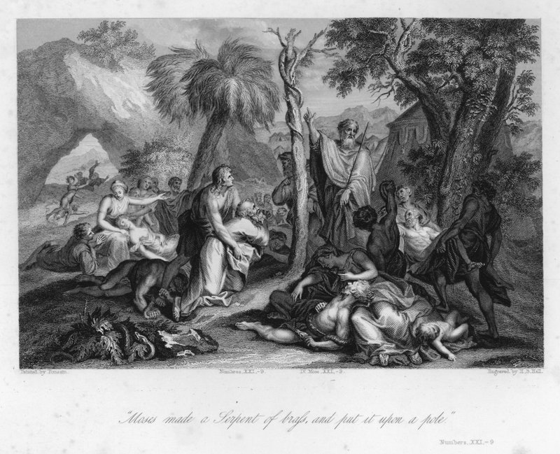 Nostamassa räikeää käärmettä, numerot XXI, 9 (kaiverrus) tekijältä Nicolas (after) Poussin