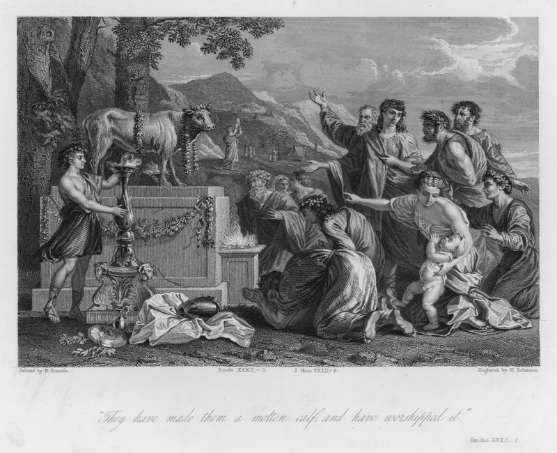 Kultainen vasikka, Exodus XXXII, 8 (kaiverrus) tekijältä Nicolas (after) Poussin