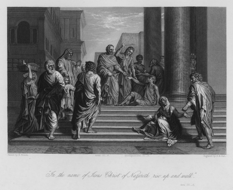 Pietarin ja Johanneksen parantama rampa mies, Apostolien teot III, 6 (kaiverrus) tekijältä Nicolas (after) Poussin