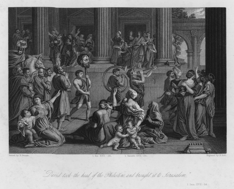 Daavidin voitto, I Samuel XVII, 54 (kaiverrus) tekijältä Nicolas (after) Poussin