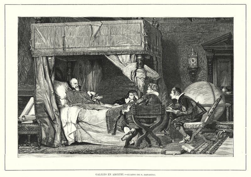 Italialainen tähtitieteilijä Galileo Galilei Arcetrissa, Italiassa, missä hän kuoli vuonna 1642 (litho) tekijältä Nicolo (after) Barabino