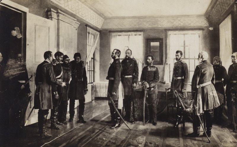 Vangittu ottomaanien kenraali Osman Pasha esitteli Venäjän tsaari Aleksanteri II:lle antautuessaan Plevenin piirityksessä, Venäjän ja Turkin sodassa 1877-1878. tekijältä Nikolai Dmitrievich Dmitriev Orenburgsky