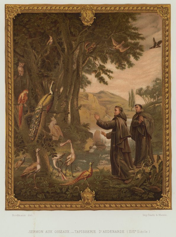 Pyhän Franciscus Assisilaisen saarna linnuille (värilitho) tekijältä Nordmann (after)