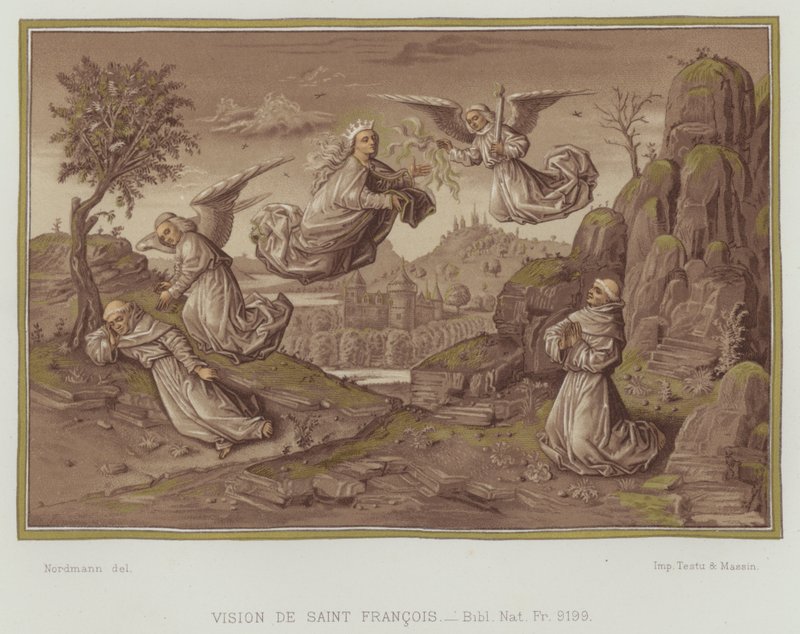 Pyhän Franciscus Assisilaisen visio (väri litho) tekijältä Nordmann (after)
