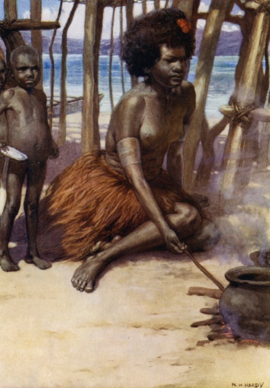 Cooking the Meal, Brittiläinen Uusi-Guinea (väri litho) tekijältä Norman Hardy