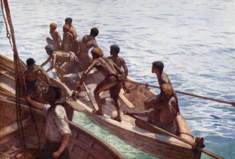 Copra Boys rantaan, New Hebrides (väri litho) tekijältä Norman Hardy