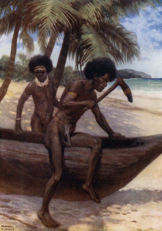 Kanootin viimeistely, Brittiläinen Uusi-Guinea (väri litho) tekijältä Norman Hardy