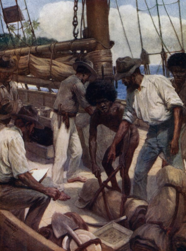 Gold Miners lähtemässä kauppa-alukselta, Brittiläinen Uusi-Guinea (värilitho) tekijältä Norman Hardy