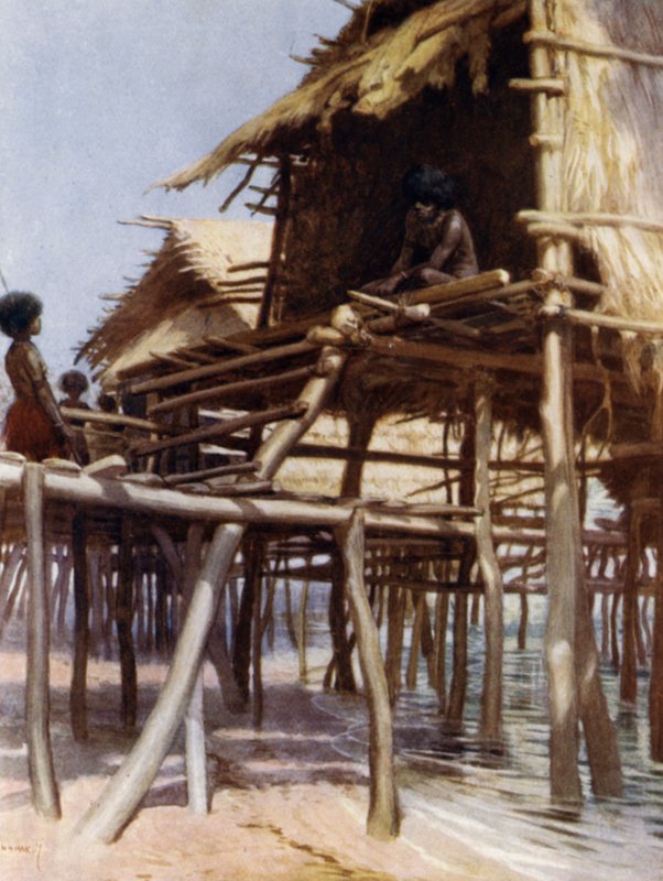In the Pile Dwellings at Hanuabada, Port Moresby, Brittiläinen Uusi-Guinea (väri litho) tekijältä Norman Hardy