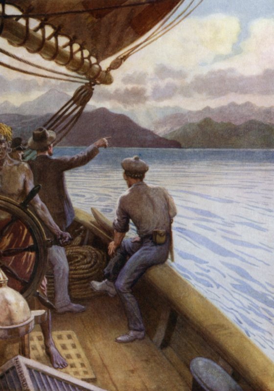 Poistuminen Santosta, näkymä vuorille, Uusille Hebrideille (väri litho) tekijältä Norman Hardy