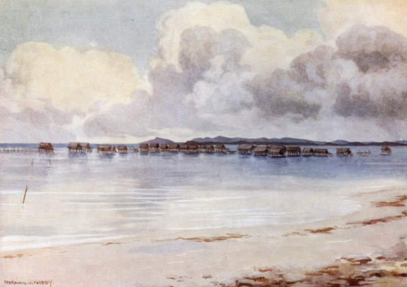 Marine Village, Tupusuli, Brittiläinen Uusi-Guinea (väri litho) tekijältä Norman Hardy
