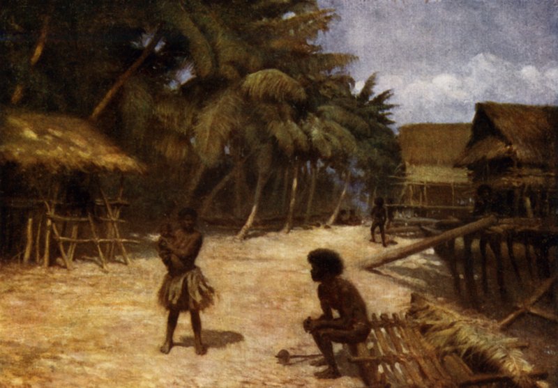 Motu Village, Port Moresby, Brittiläinen Uusi-Guinea (väri litho) tekijältä Norman Hardy