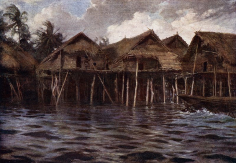 Motu kylä mereltä (väri litho) tekijältä Norman Hardy