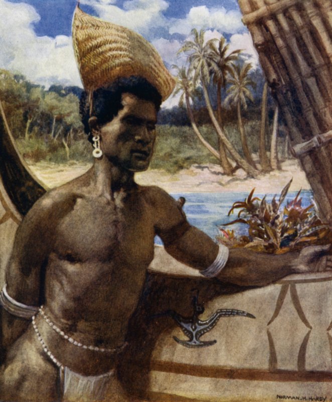 Native of New Georgia yllään aurinkovarjo; eräänlainen ruohoista tehty kruunuton hattu, jota voidaan käyttää missä tahansa kulmassa (väri litho) tekijältä Norman Hardy