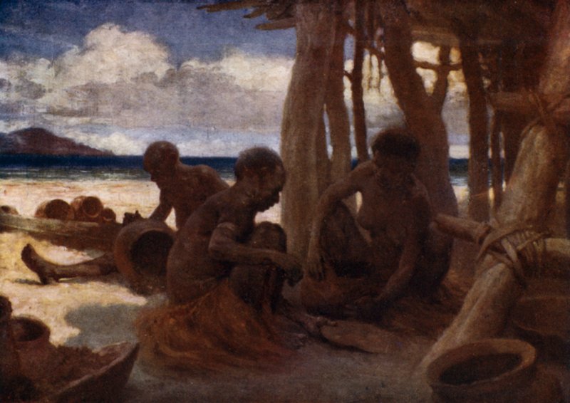 Vanhat naiset tekevät keramiikkaa, Brittiläinen Uusi-Guinea (väri litho) tekijältä Norman Hardy