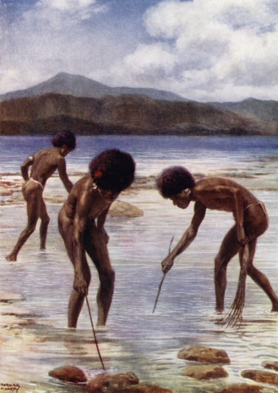 Etsitään pientä mustekalaa riutalla laskuveden aikaan, Samari, Brittiläinen Uusi-Guinea (väri litho) tekijältä Norman Hardy