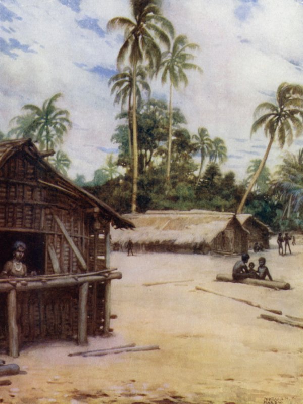 Solomon Island Village, lähellä Marau Soundia, New Florida (väri litho) tekijältä Norman Hardy
